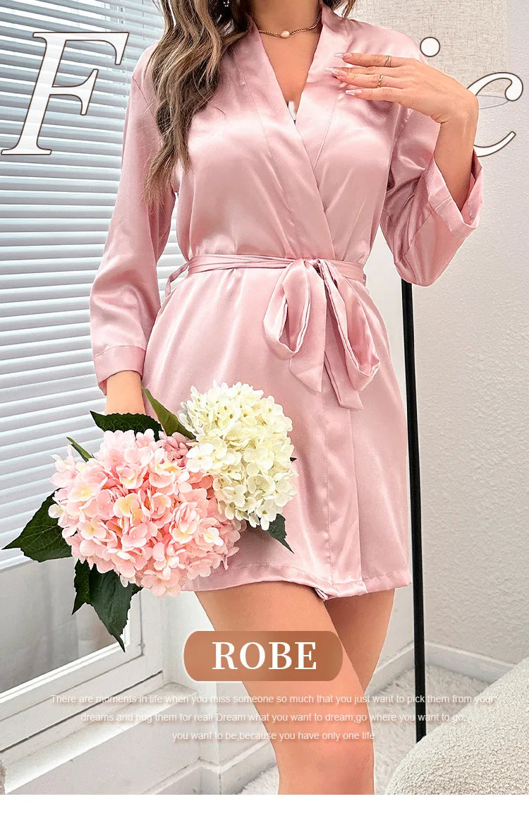 Women's Solid Satin Night Robe - V-Neck Half Sleeve Sleepwear with Belt