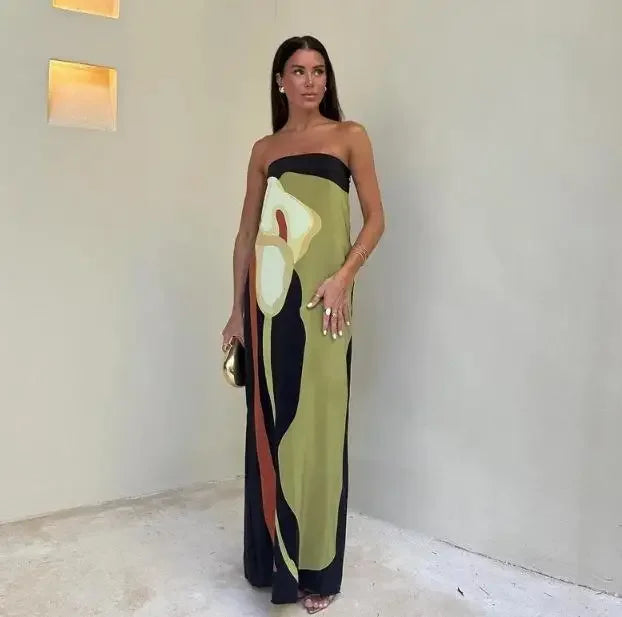 Summer Flower Strapless Long Dress - Elegant Floral Maxi Dress