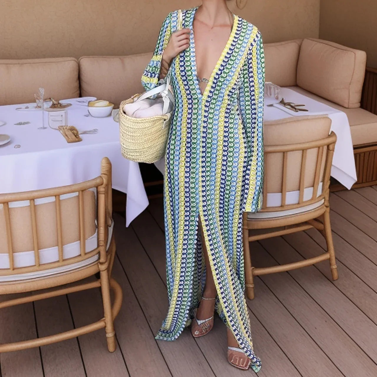 Sexy Rainbow Deep V Neck Split Long Dress - Y2K Knitted Party Dress