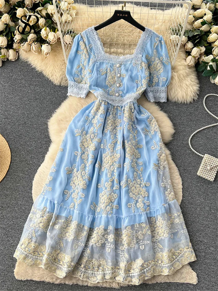 SINGREINY Lace Embroidery Long Dress - French Vintage Floral Midi Sundress