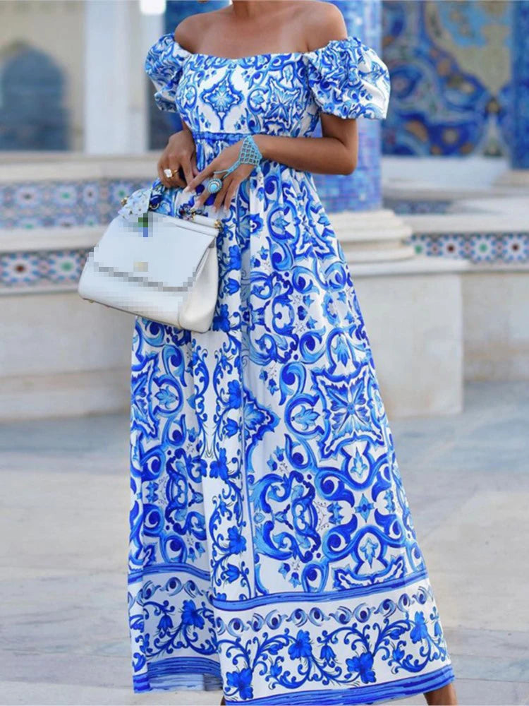 Summer Boho Print Maxi Dress - Puff Sleeve Off Shoulder Beach Dress