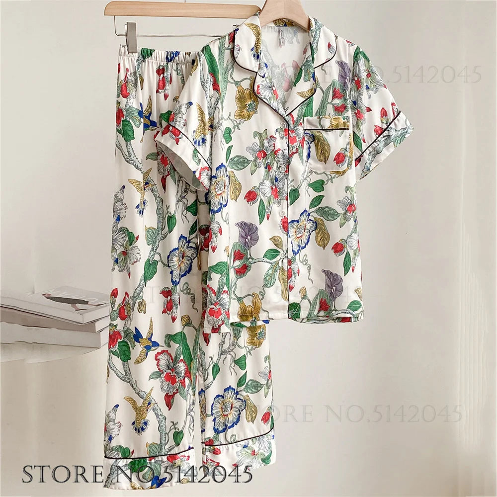 Fashion Print Flower 2PCS Pajamas Set - Women's Spring Summer Lounge Wear