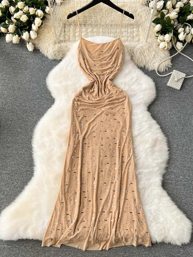 Sexy Mesh Rhinestone Bodycon Dress - Sleeveless Long Dress