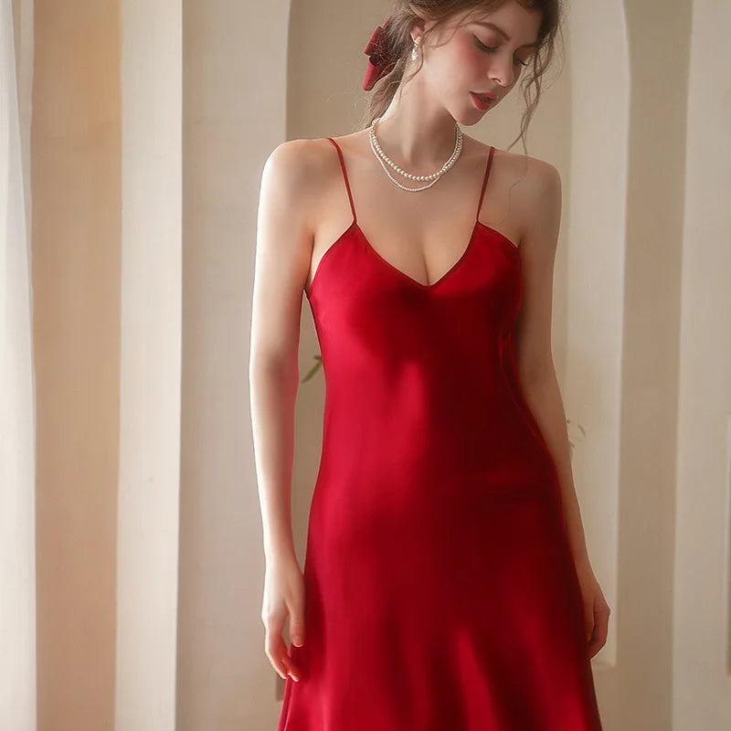 Women's Fashion V-Neck Nightgown - Solid Silk Satin Sleepwear