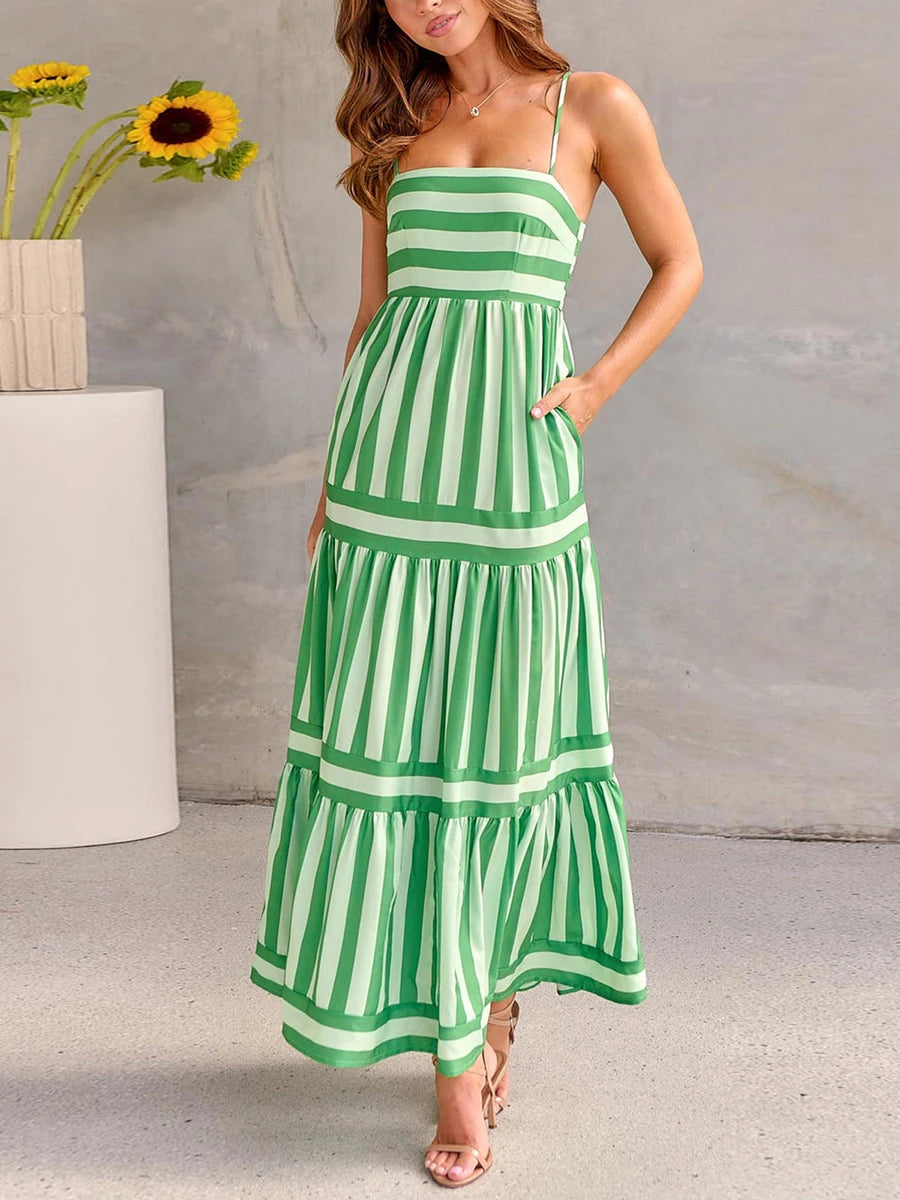 Stripe Printed Spaghetti Strap Beach Dress