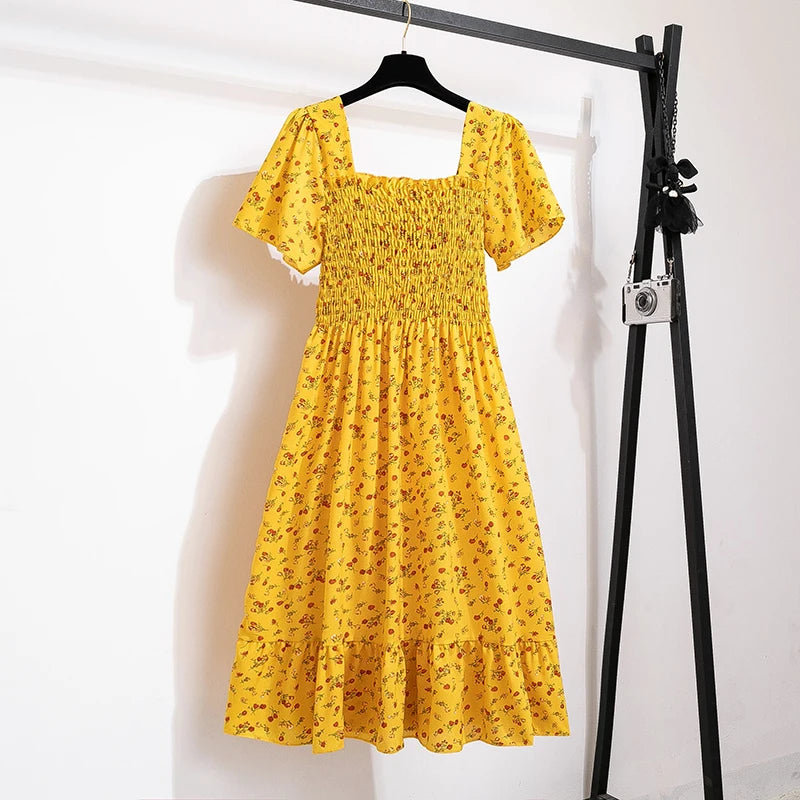 Chiffon Dress - Floral Pleated Midi Dress with Elastic Waist