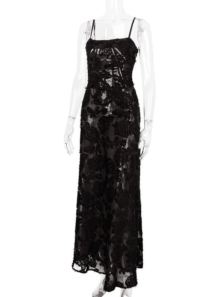 Women's Sheer Lace Boho Maxi Dress - Sleeveless Spaghetti Strap Party Dress