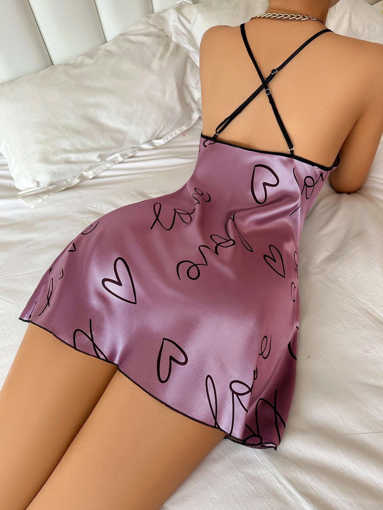 Heart Letter Print Nightdress - Round Neck Spaghetti Strap Sleep
