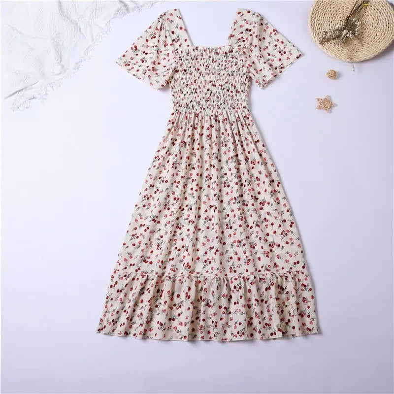 Chiffon Dress - Floral Pleated Midi Dress with Elastic Waist