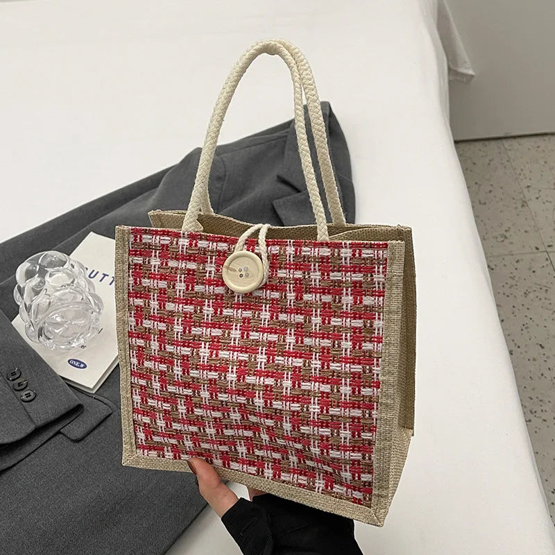 Retro Braided Pattern Jute Tote Bag - Large Capacity Grocery & Beach Handbag