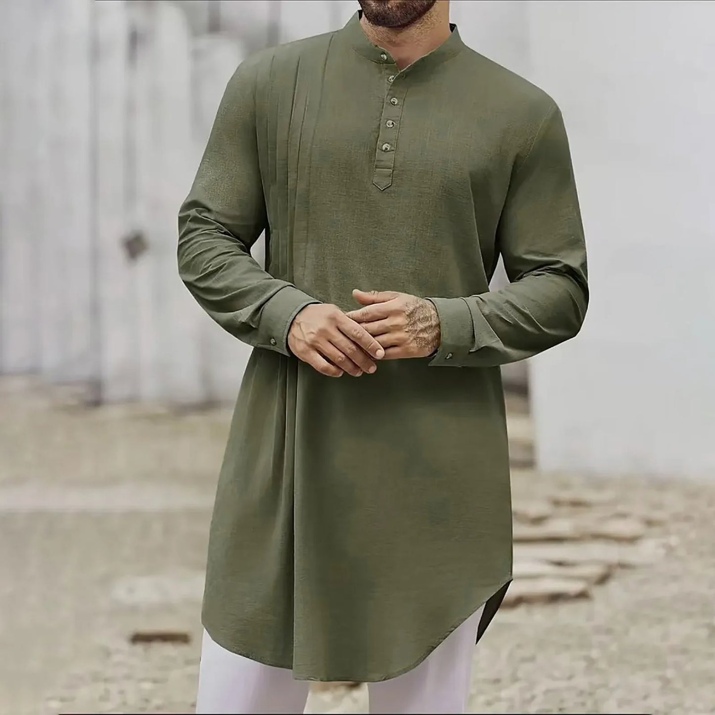 Men's Islamic Cotton Linen Shirt - Stand Collar Kurta Robe