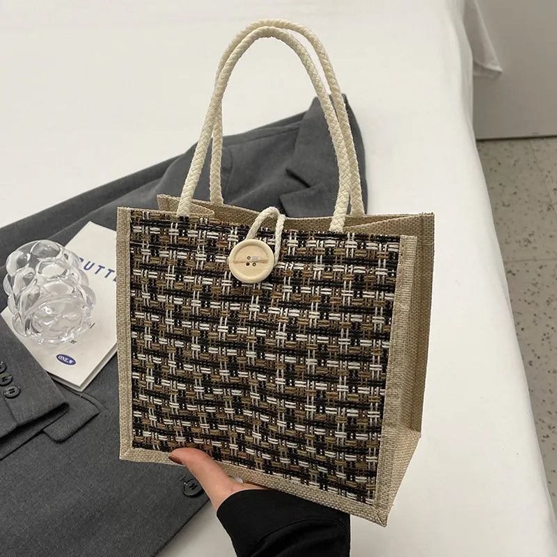 Retro Braided Pattern Jute Tote Bag - Large Capacity Grocery & Beach Handbag