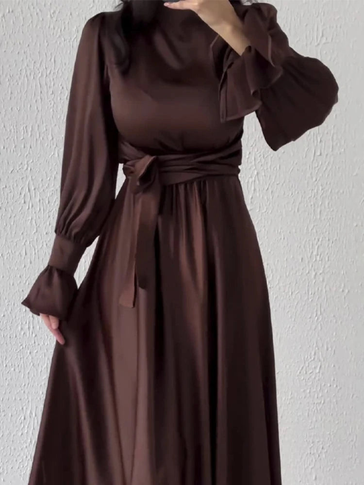 Lotus Leaf Sleeve Satin Abaya Long Dress - Ramadan Party Dress