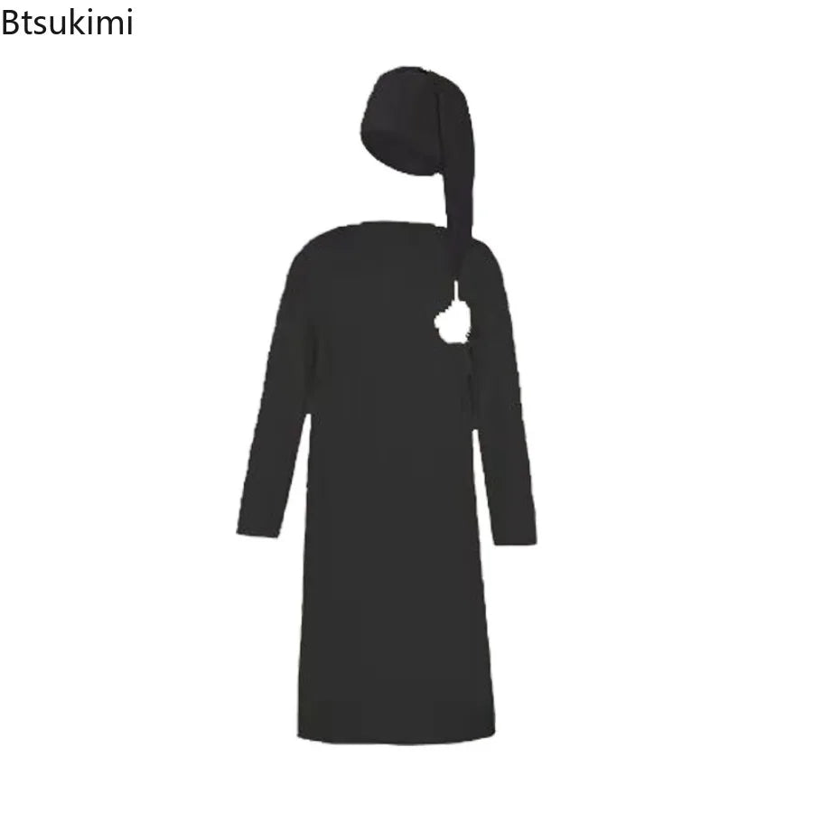 2025 Autumn Men's Nightgown Male Long Robe Solid Thin Loose Plus Size Long Sleeve One-Piece Pajamas for Men Bathrobe Homewear