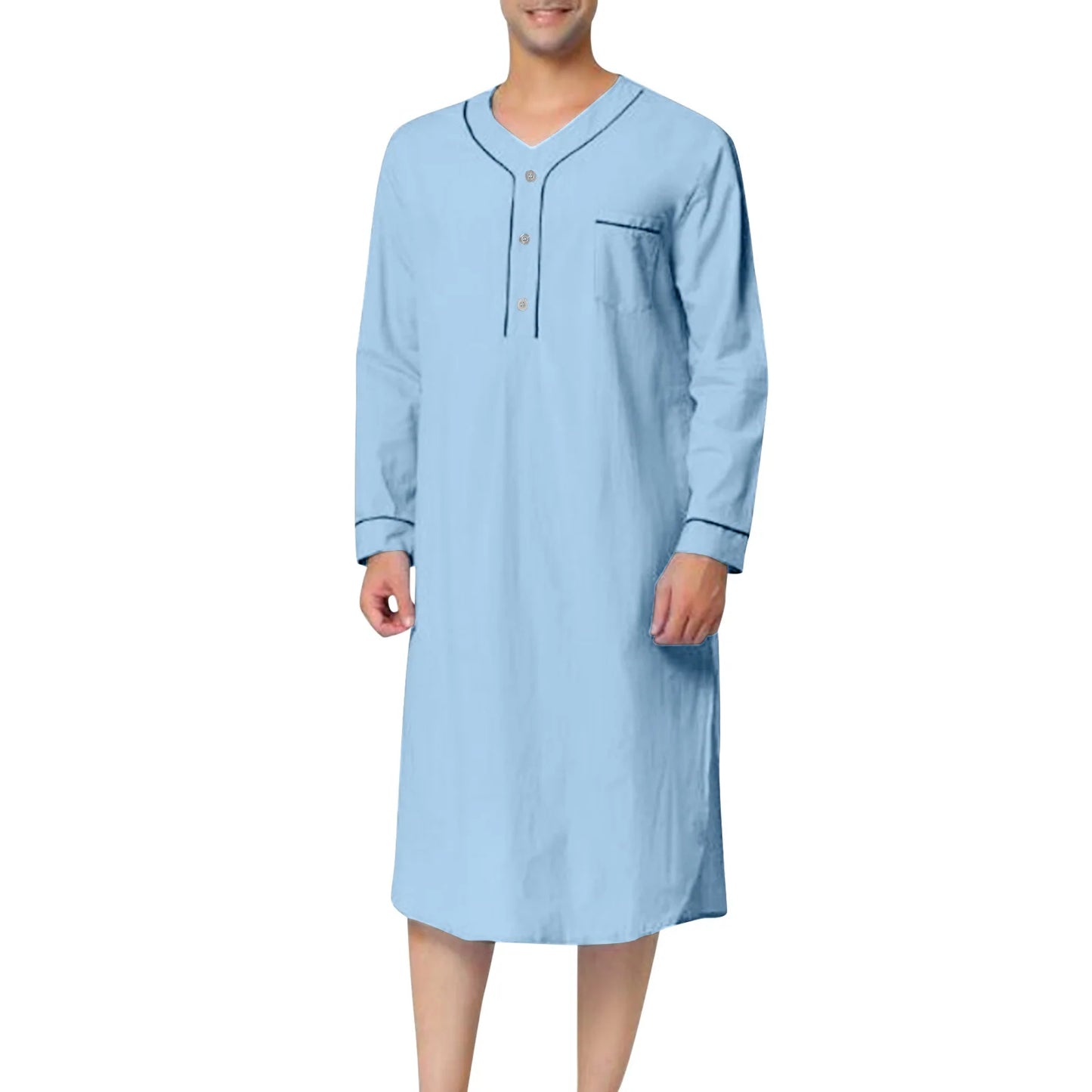 New 2025 Men Jubba Thobe Solid Color Pajamas Fashion Solid Loose Muslim Robe Long-sleeved Nightgown Bathrobes Mens Muslim Kaftan