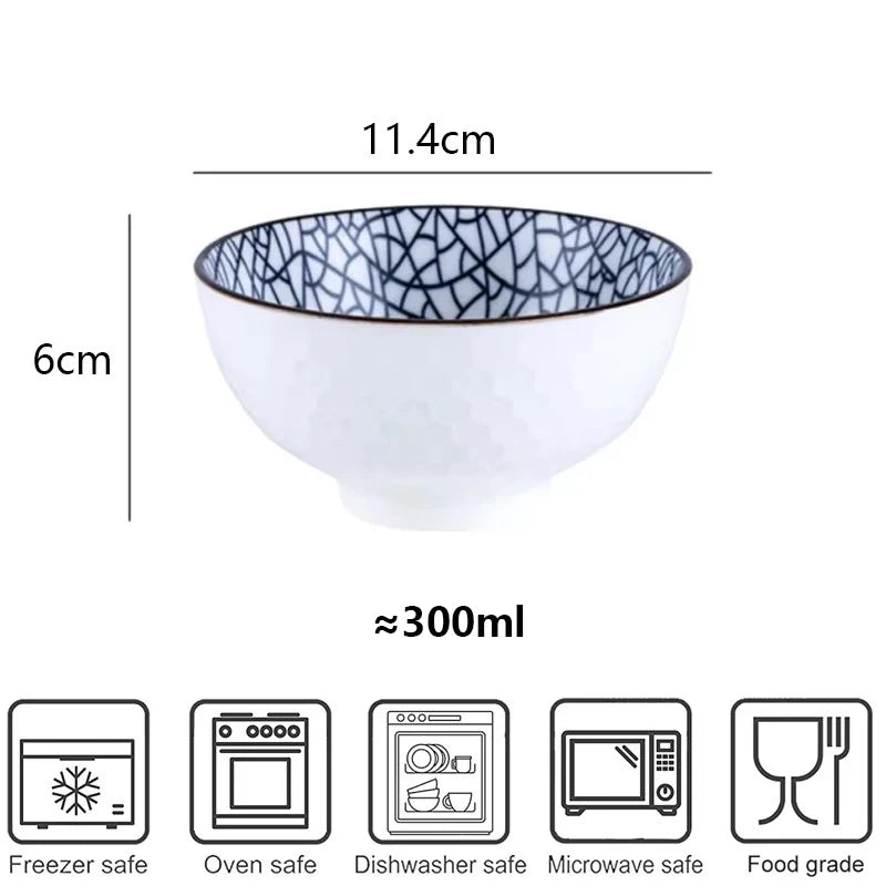 Minimalist Blue Ceramic Dinner Bowl, (300ml) Authentic Flowered Pottery Set, Available in 2/4/6 PCS Set