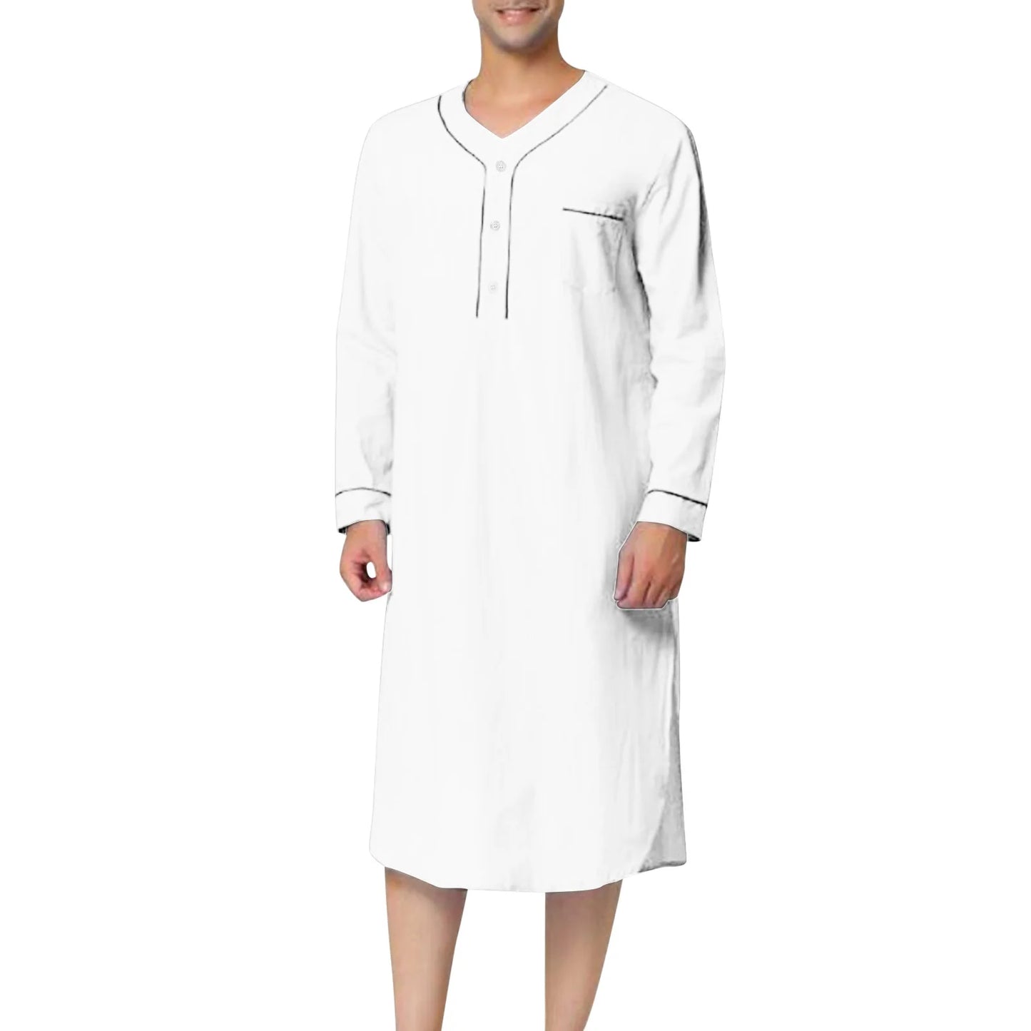 New 2025 Men Jubba Thobe Solid Color Pajamas Fashion Solid Loose Muslim Robe Long-sleeved Nightgown Bathrobes Mens Muslim Kaftan