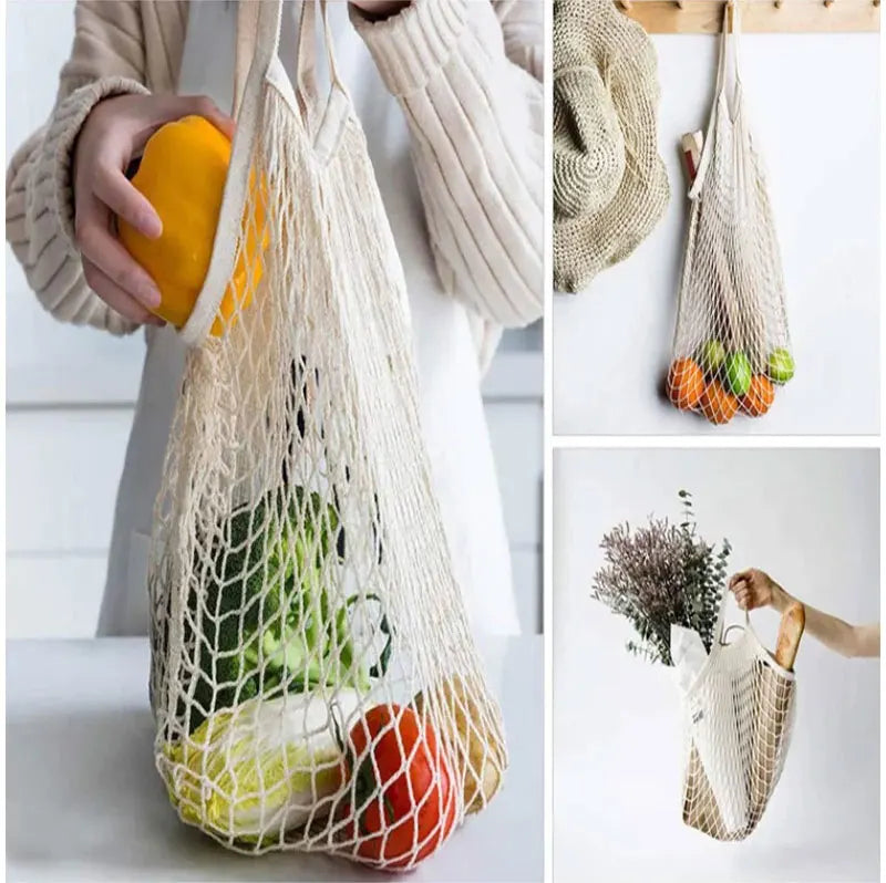 Portable Reusable Grocery Bags - Cotton Mesh String Shopping Tote