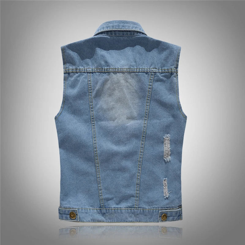 Autumn Men's Denim Vest - Vintage Ripped Style