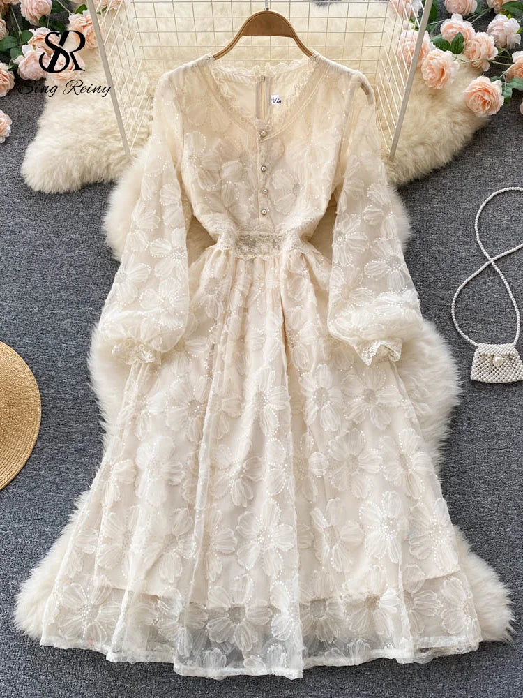 SINGREINY Lace French Style Long Dress - Summer V Neck Beach Dress