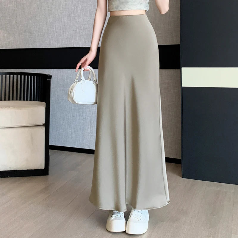 Seoulish Vintage Satin Skirts - Summer Elegant Office Wear