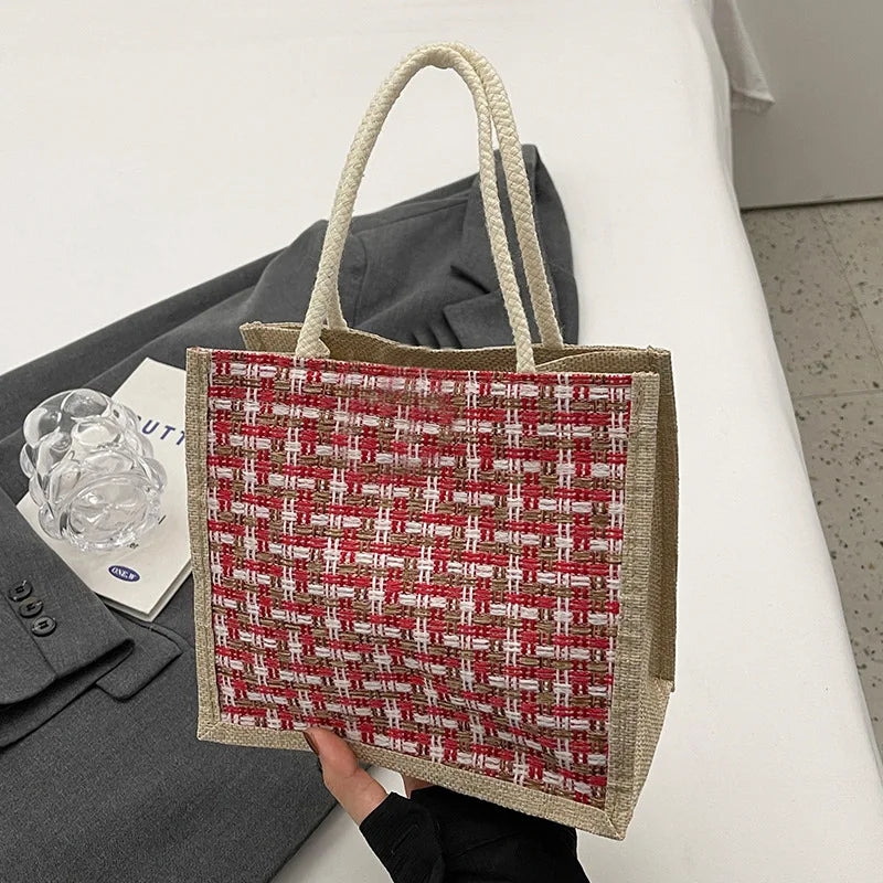 Jute Tote Bag - Woven Linen Handbag for Grocery & Lunch