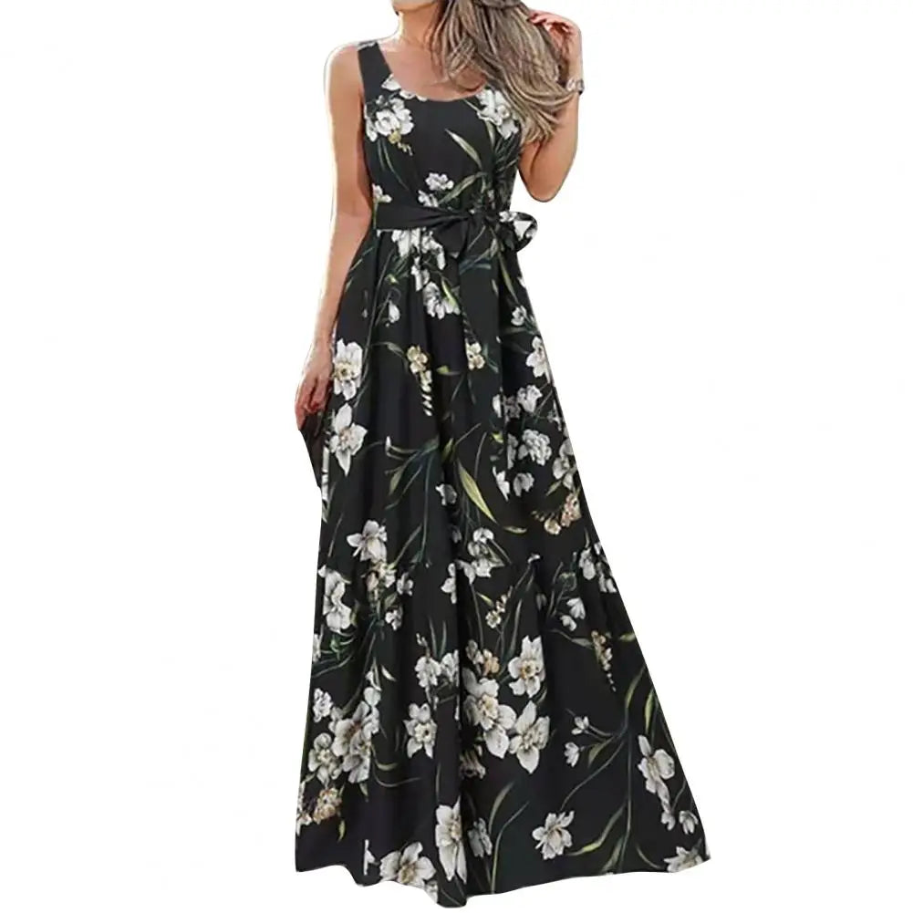 Sundress Vintage Bohemian Long Dress - O Neck Loose Fit with Detachable Belt