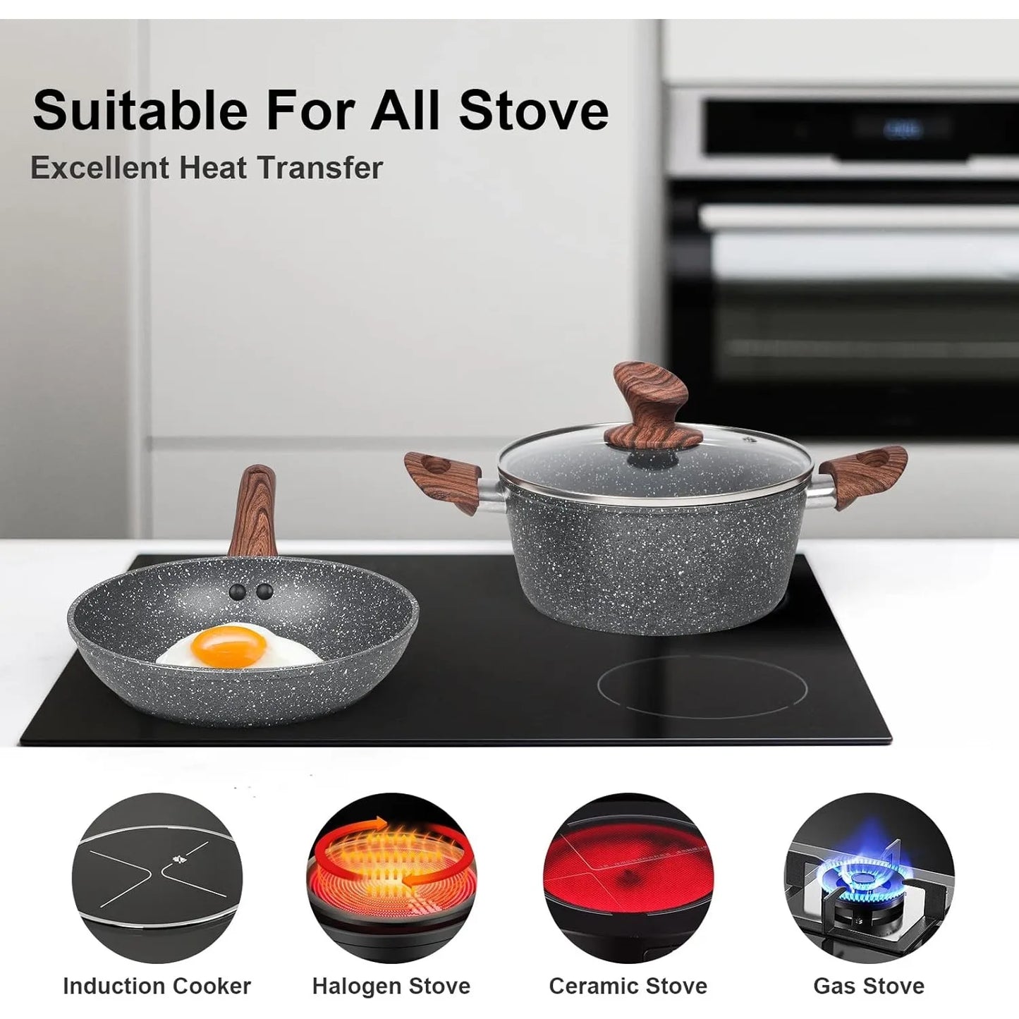 11 PCS Ceramic Pots & Pans Set with Glass Covers, Non-stick Cookware with lids, Pre-installed, Heat resistant
