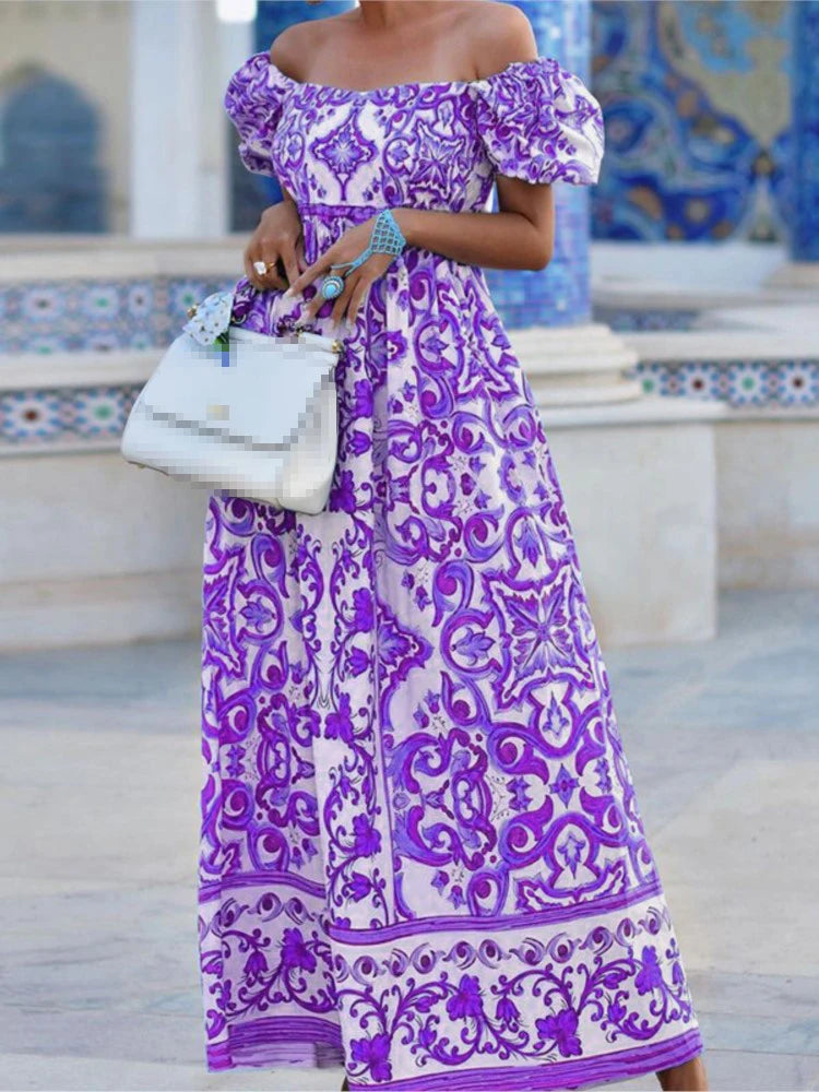 Summer Boho Print Maxi Dress - Puff Sleeve Off Shoulder Beach Dress