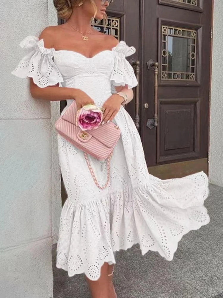 Women's Off Shoulder Lace Long Dress - Boho Summer Party Dress