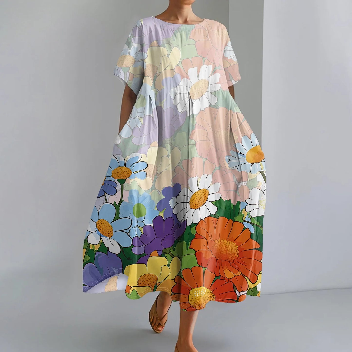 Ladies' Floral Print Maxi Dress - Round Neck Short Sleeve Beach Skirt