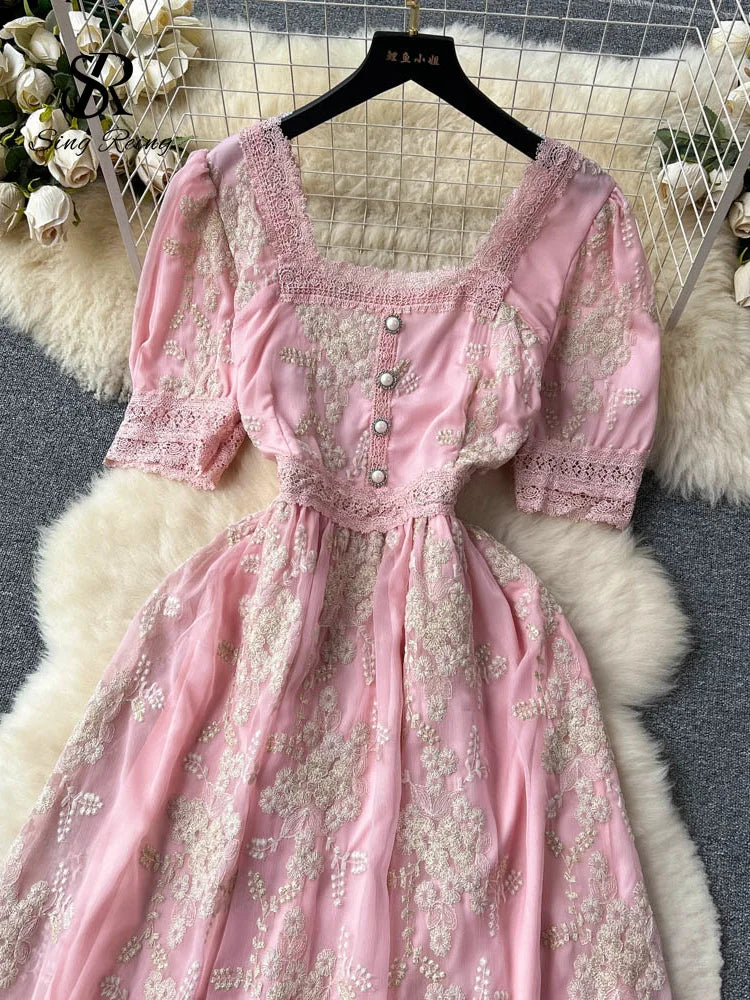 SINGREINY Lace Embroidery Long Dress - French Vintage Floral Midi Sundress