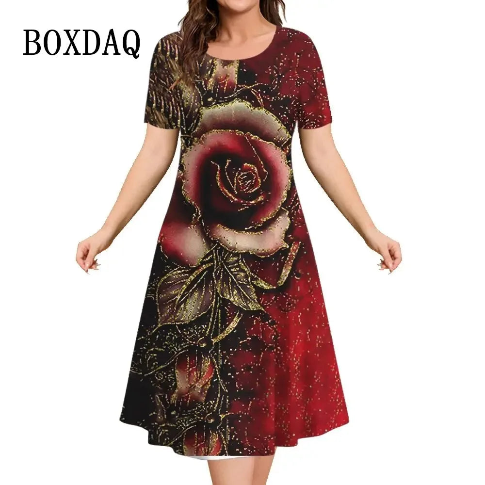 Women’s Dresses 3D Flowers Pattern Short Sleeve Clothing