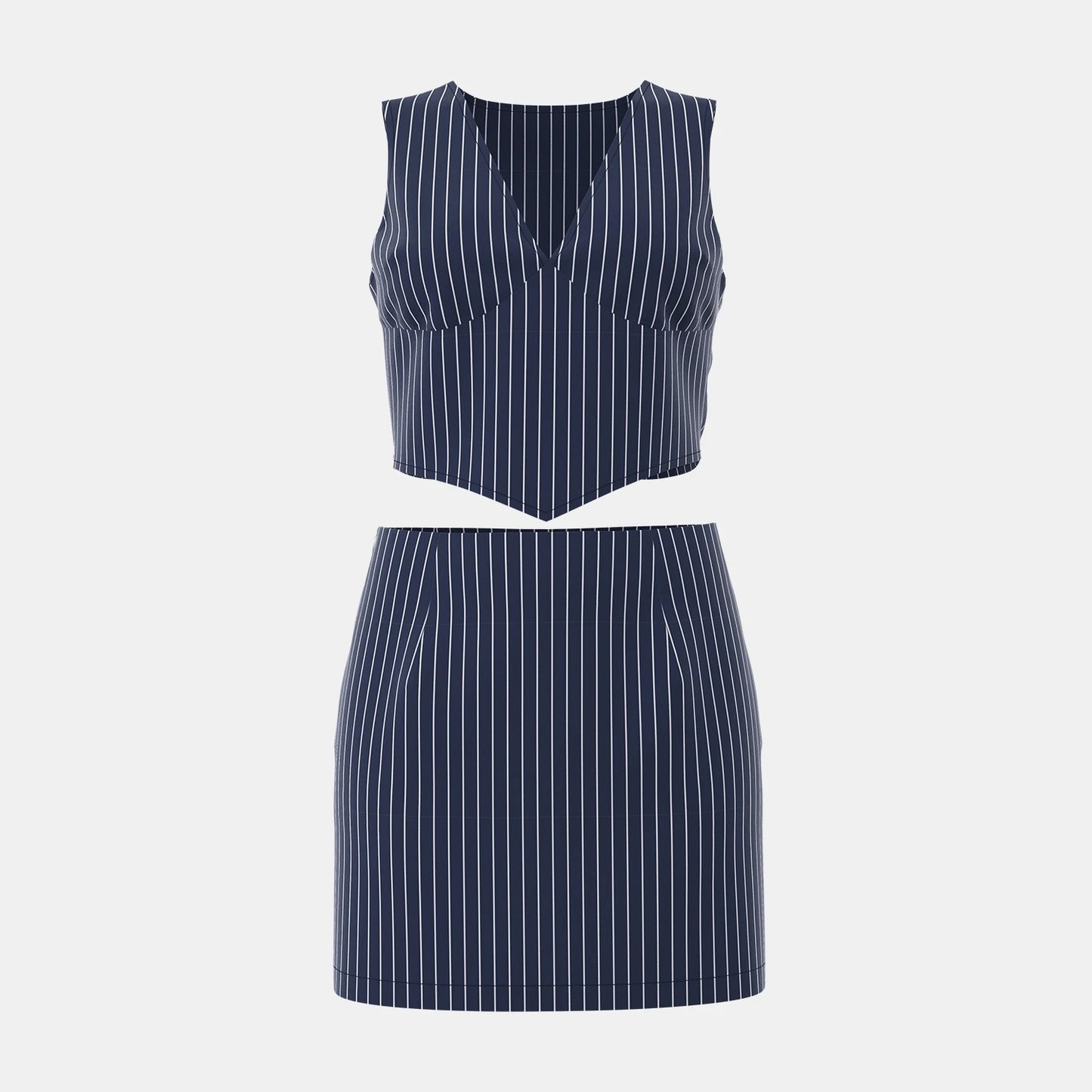 Summer Striped Casual Sets for Women - Long Sleeve V-Neck Mini Skirt/Shorts