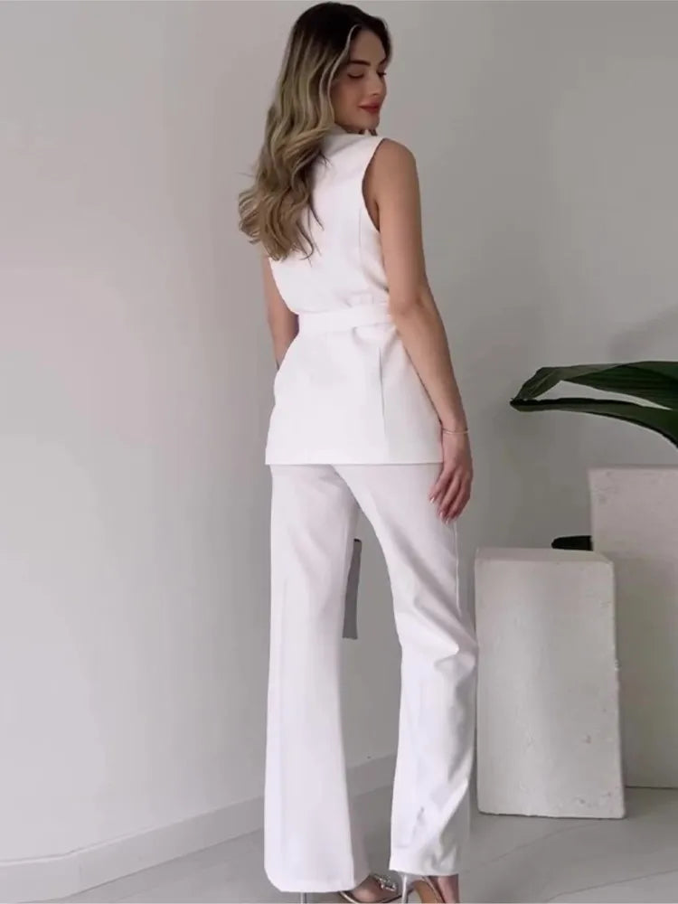 Elegant Solid Color 2-Piece Suit - Sleeveless Top with Long Pants