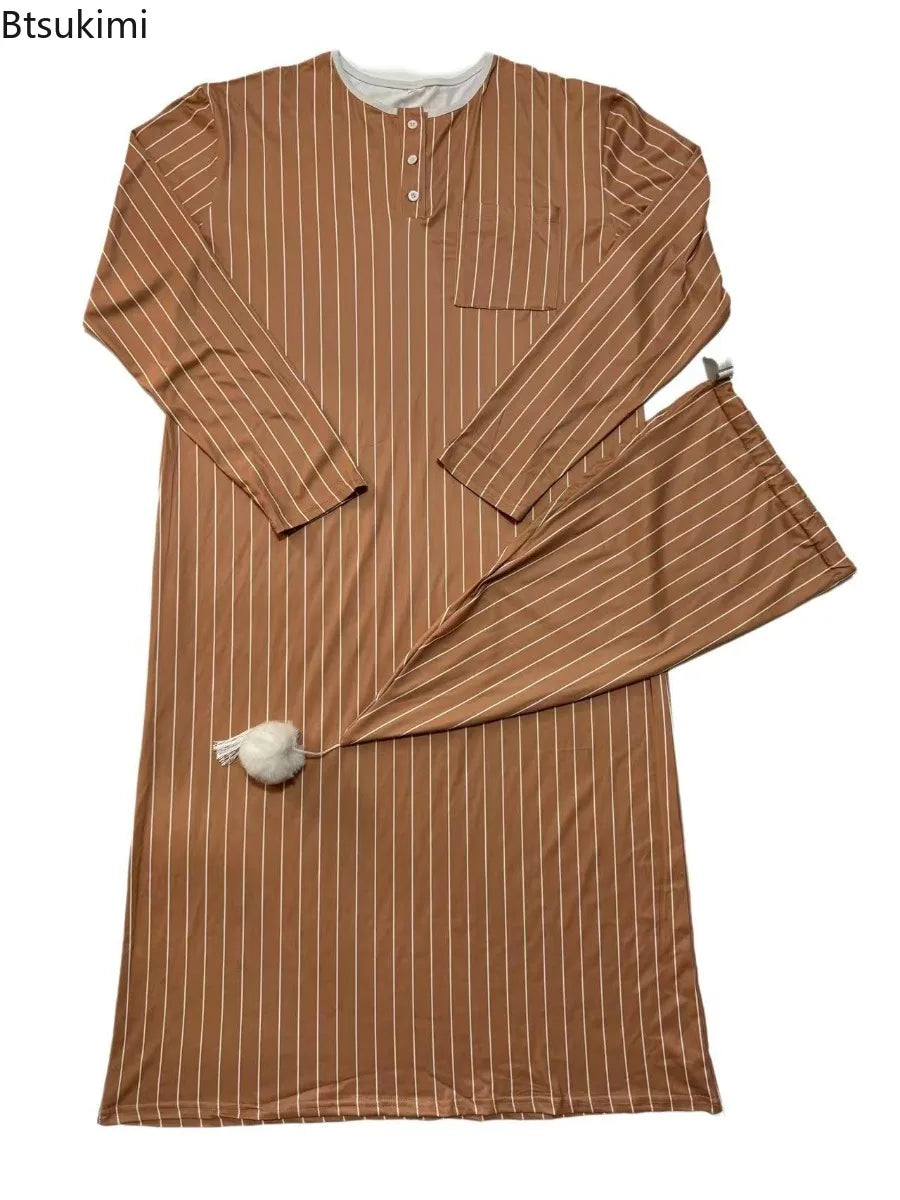 2025 Autumn Men's Nightgown Male Long Robe Solid Thin Loose Plus Size Long Sleeve One-Piece Pajamas for Men Bathrobe Homewear