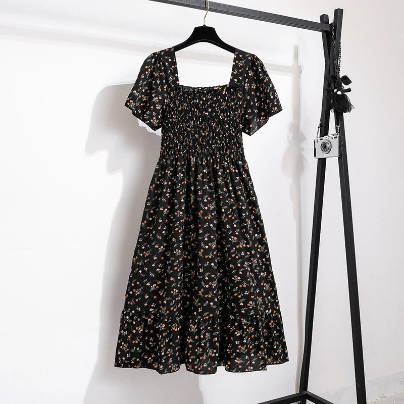 Chiffon Dress - Floral Pleated Midi Dress with Elastic Waist
