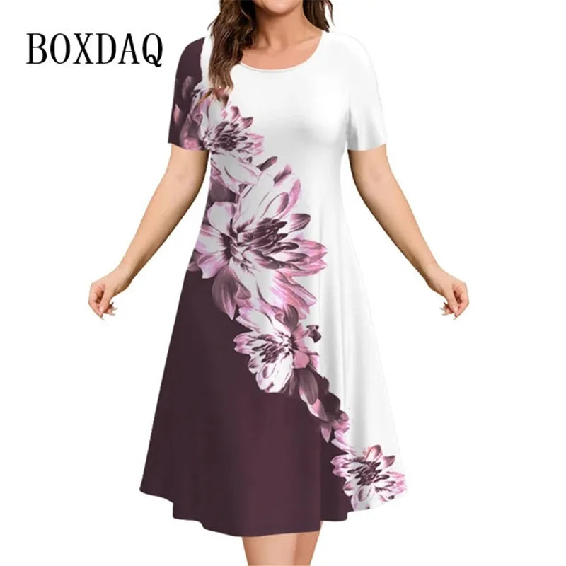 Women’s Dresses 3D Flowers Pattern Short Sleeve Clothing