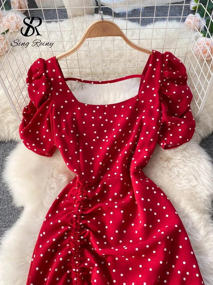 SINGREINY Square Collar Polka Dot Beach Dress - Sweet Chiffon Long Dress