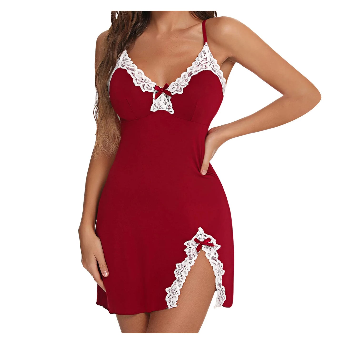 Women's Lace Silk Satin Nightgown - V-Neck Sleeveless Sleepwear