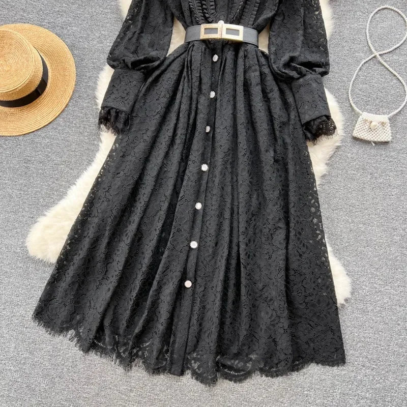 OCEANLOVE Lace Hollow Out Dress - Elegant Black Long Korean Style