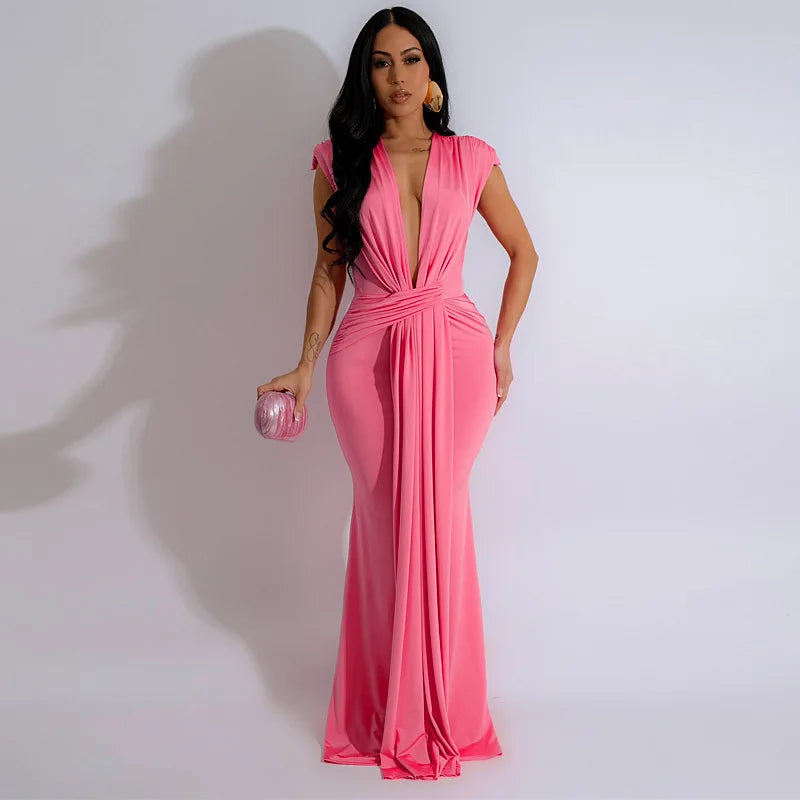 Summer Solid Color High Waisted Long Dress - Deep V-Neck Short Sleeve