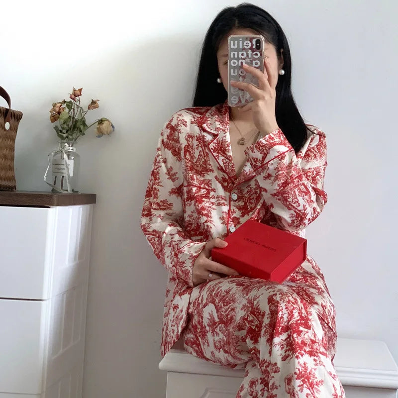 Fashion Print Flower 2PCS Pajamas Set - Women's Spring Summer Lounge Wear