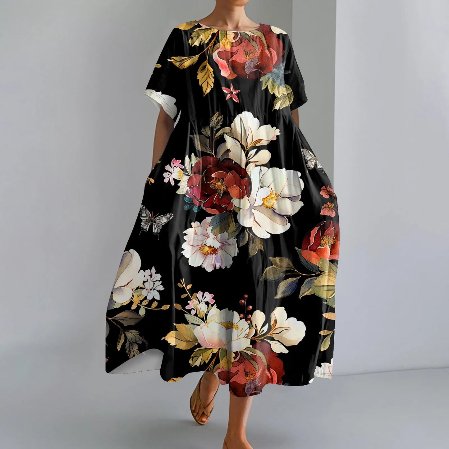 Ladies' Floral Print Maxi Dress - Round Neck Short Sleeve Beach Skirt