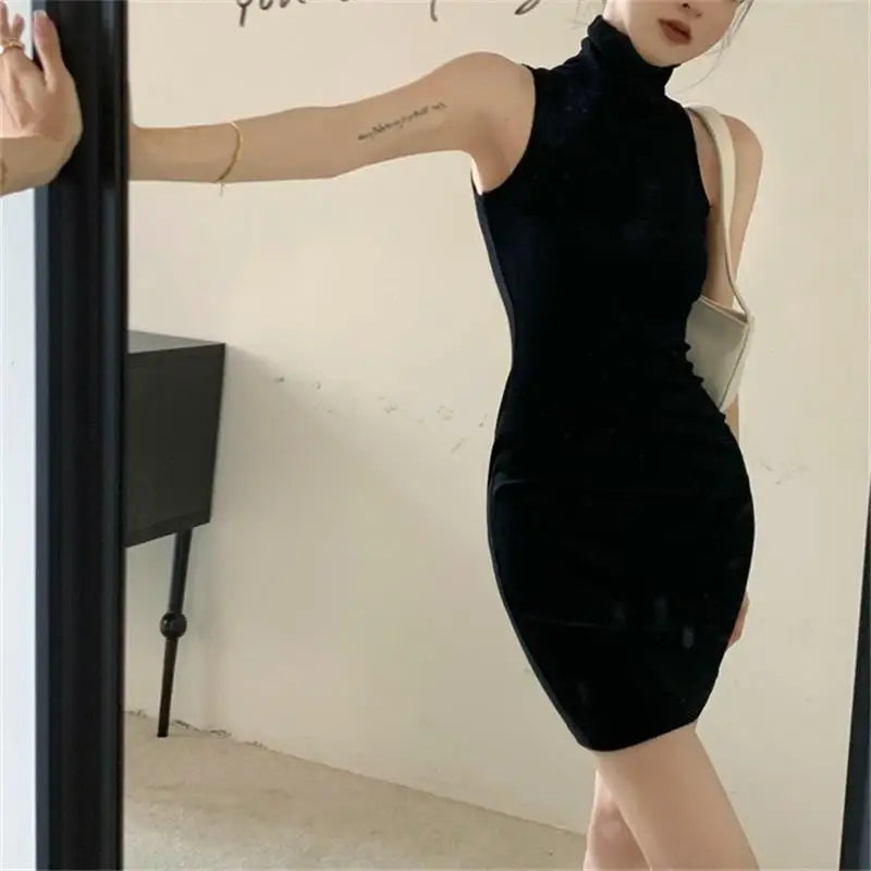 High Neck Bodycon Dress - Oversleeve Pleated Bottom Wrapped Hip