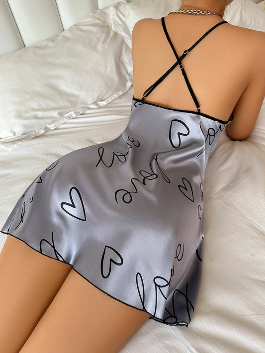 Heart Letter Print Nightdress - Round Neck Spaghetti Strap Sleep