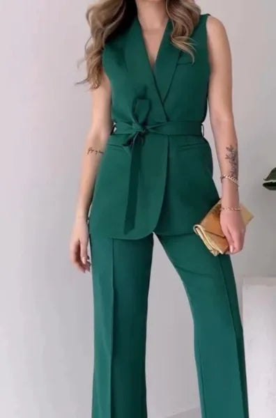 Elegant Solid Color 2-Piece Suit - Sleeveless Top with Long Pants