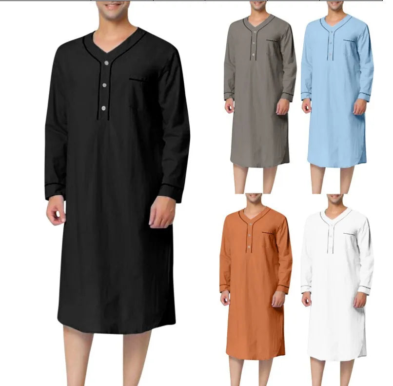 New 2025 Men Jubba Thobe Solid Color Pajamas Fashion Solid Loose Muslim Robe Long-sleeved Nightgown Bathrobes Mens Muslim Kaftan