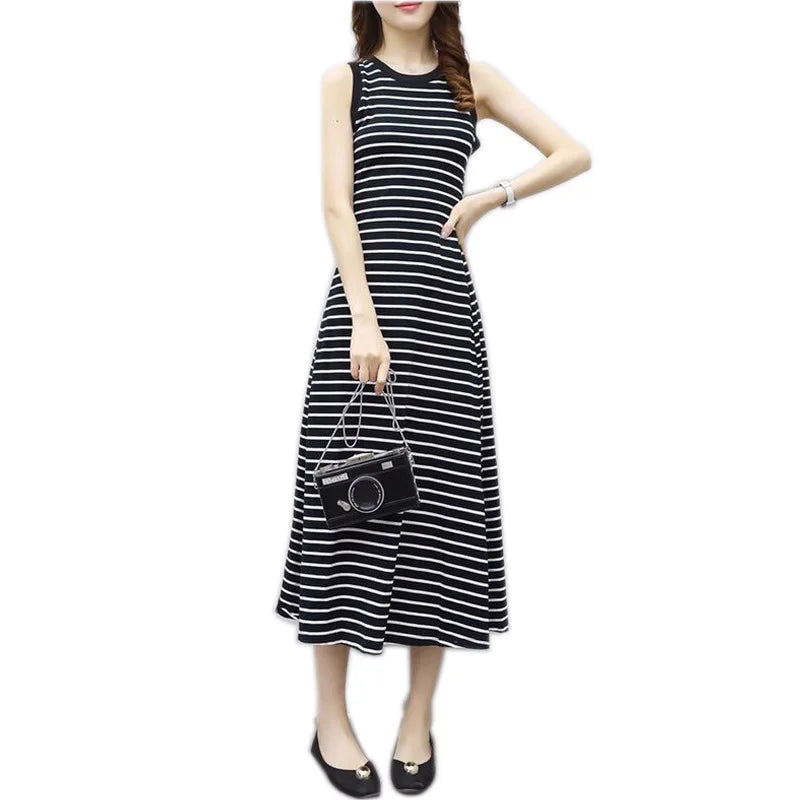White Striped Beach Casual Long Dress - Korean Dongdaemun Style