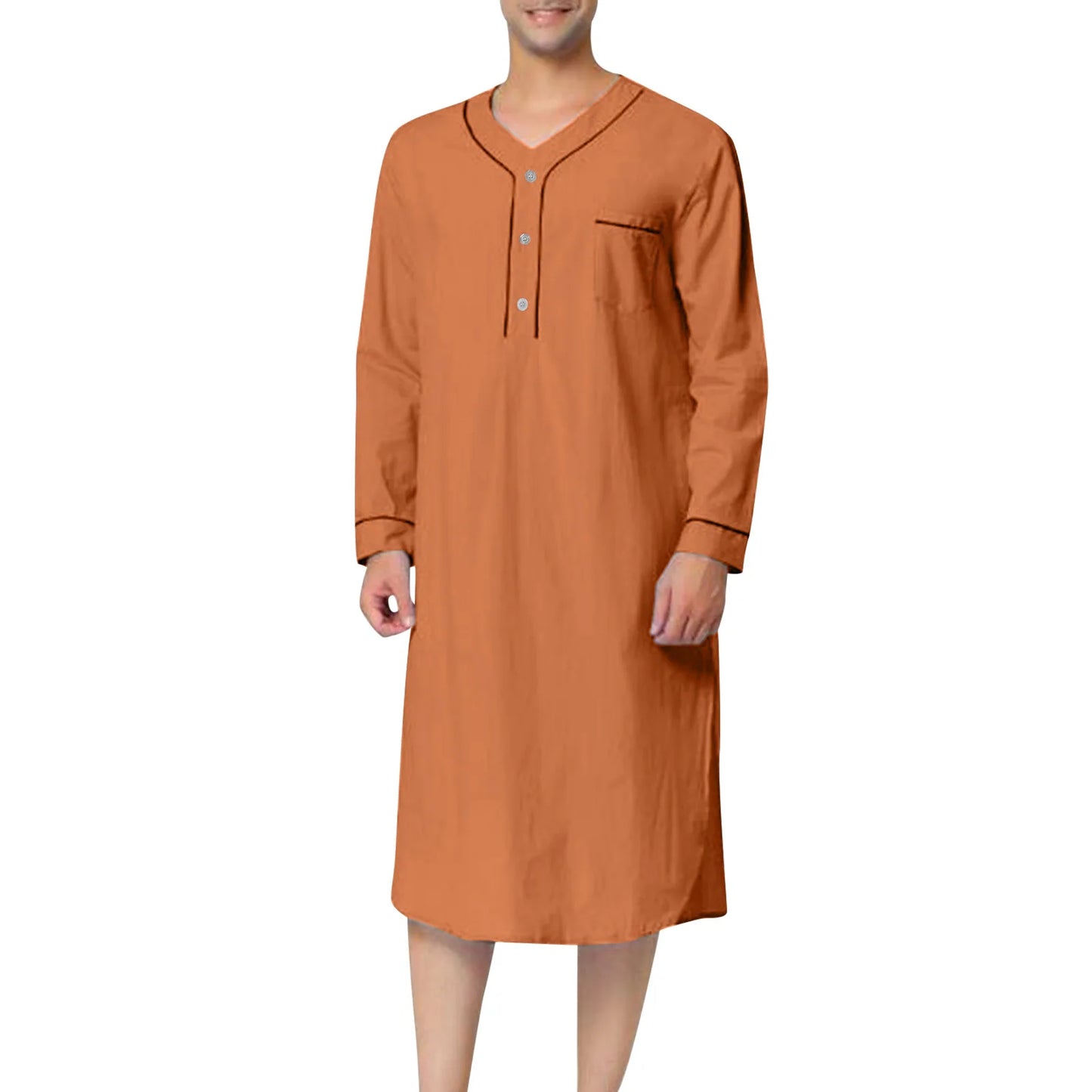 New 2025 Men Jubba Thobe Solid Color Pajamas Fashion Solid Loose Muslim Robe Long-sleeved Nightgown Bathrobes Mens Muslim Kaftan